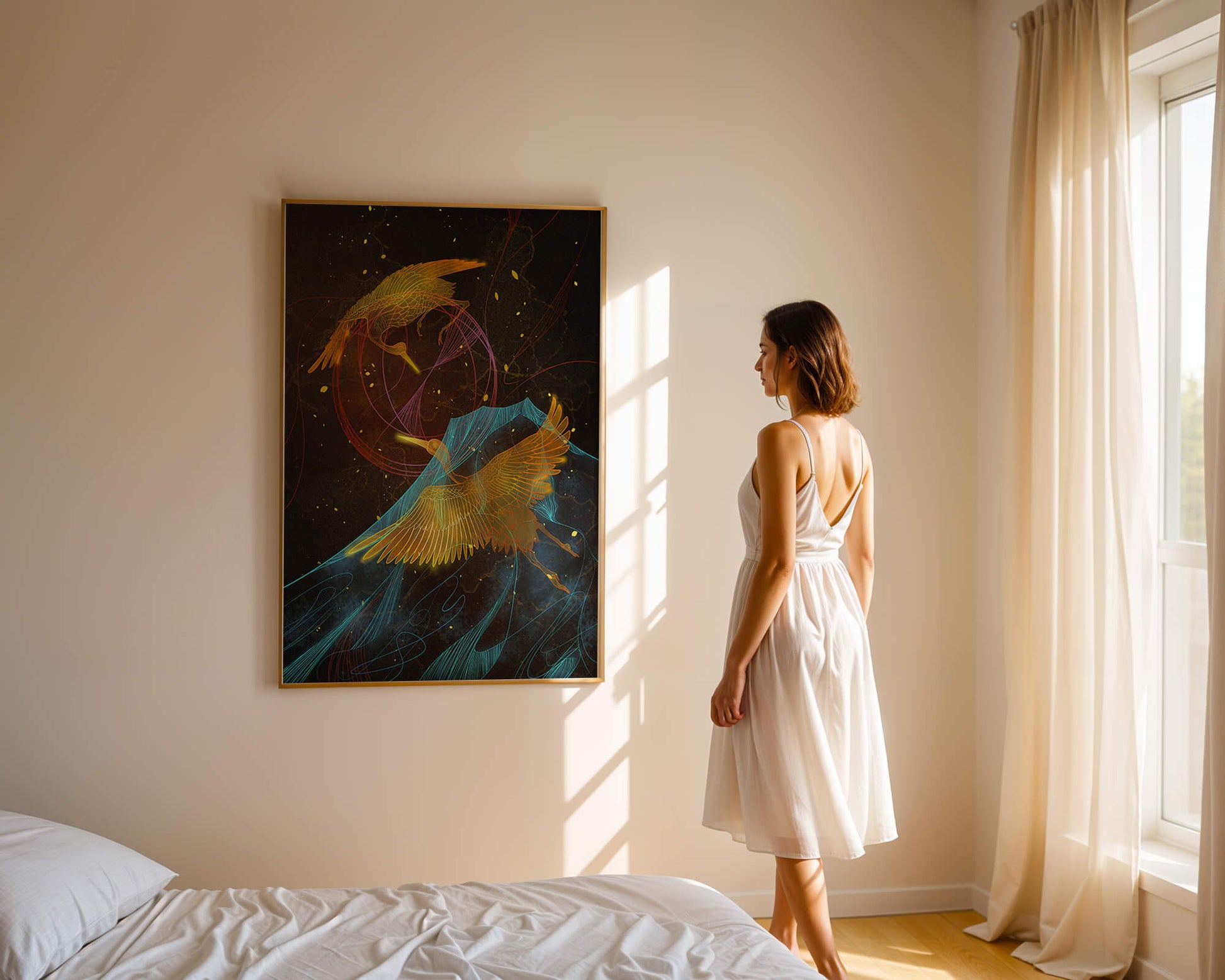 Elegant Cranes in Cosmic Dance with Golden and Blue Accents