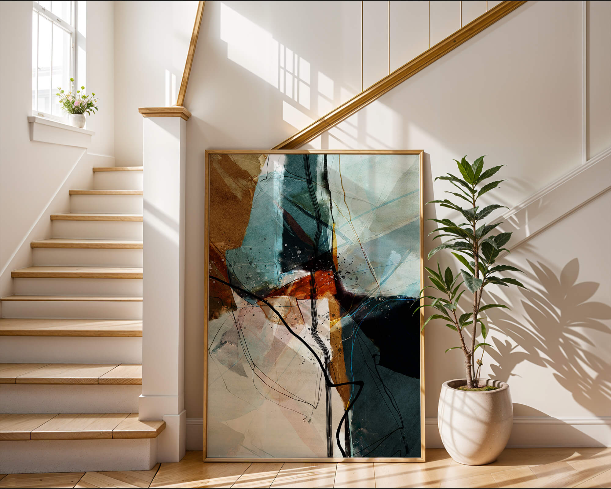 Abstract watercolor artwork with dynamic lines and colors