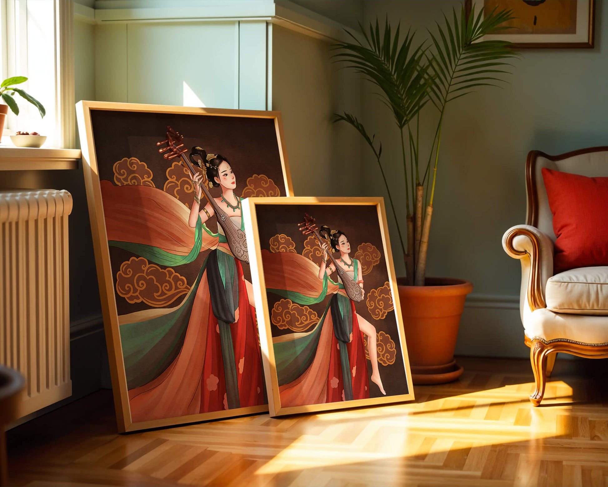Elegant depiction of a woman playing a traditional string instrument with flowing garments and ornate background