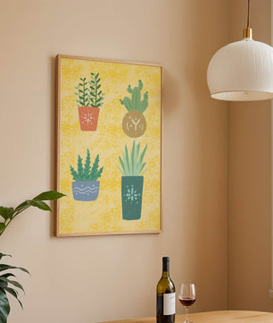 Illustrated potted plants on textured yellow background