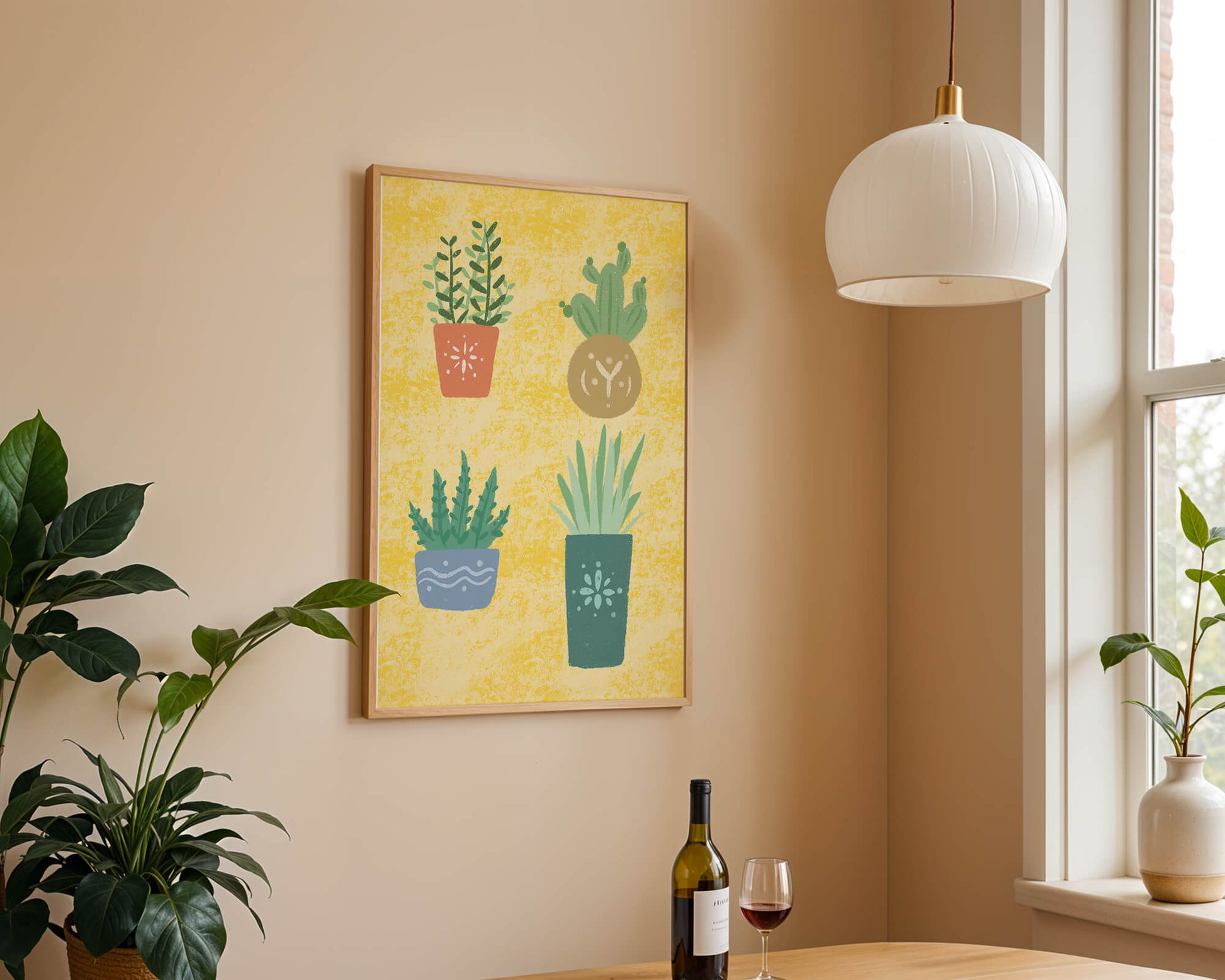Illustrated potted plants on textured yellow background