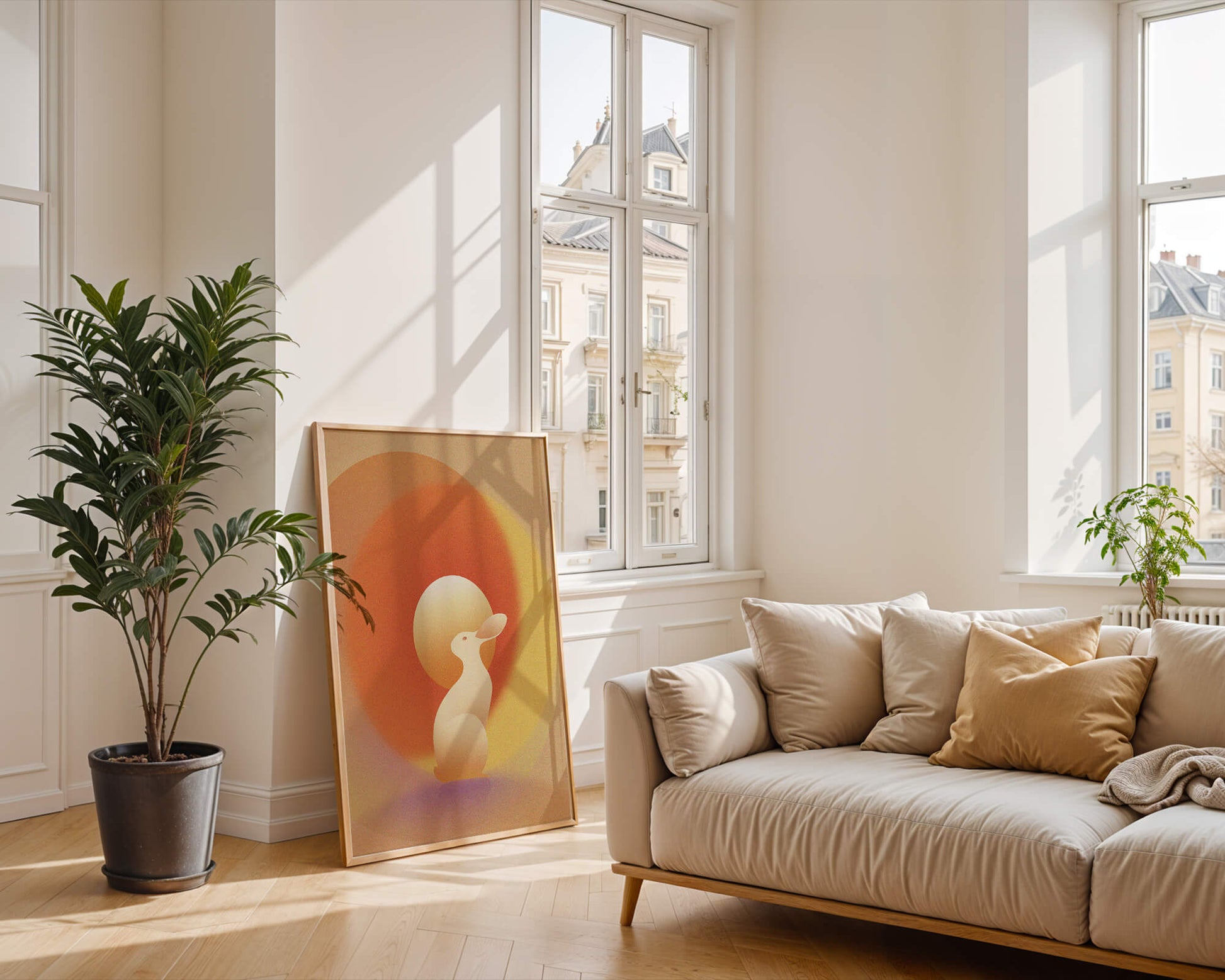 Majestic White Rabbit with Sun and Abstract Circles