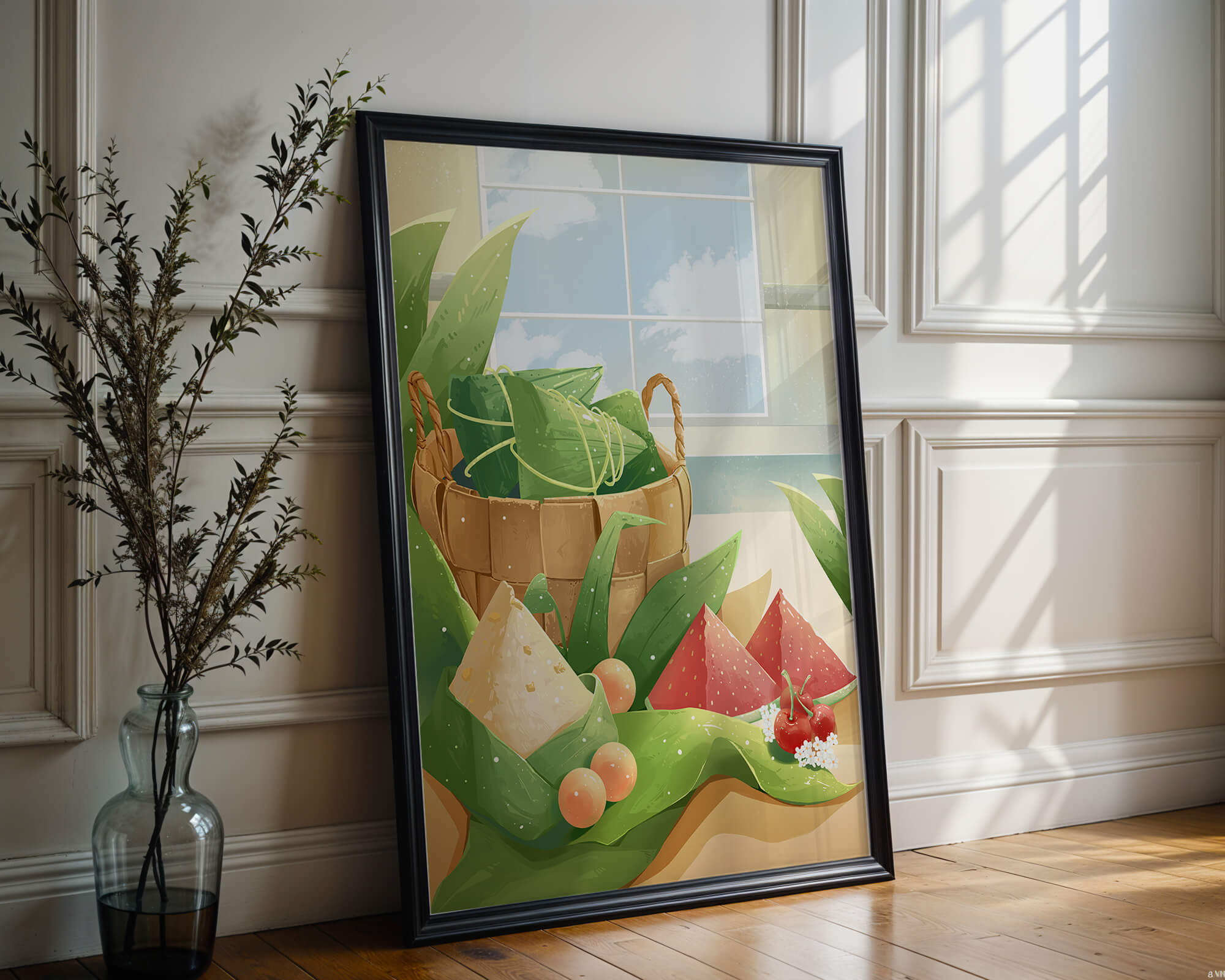 Serene kitchen scene with basket of fruits and leaves