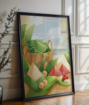 Scène de cuisine sereine avec un panier de fruits et de feuilles