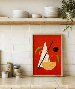 Abstract Geometric Art with Greenery on Red Background - Mi tienda