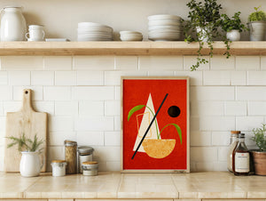Abstract Geometric Art with Greenery on Red Background - Mi tienda
