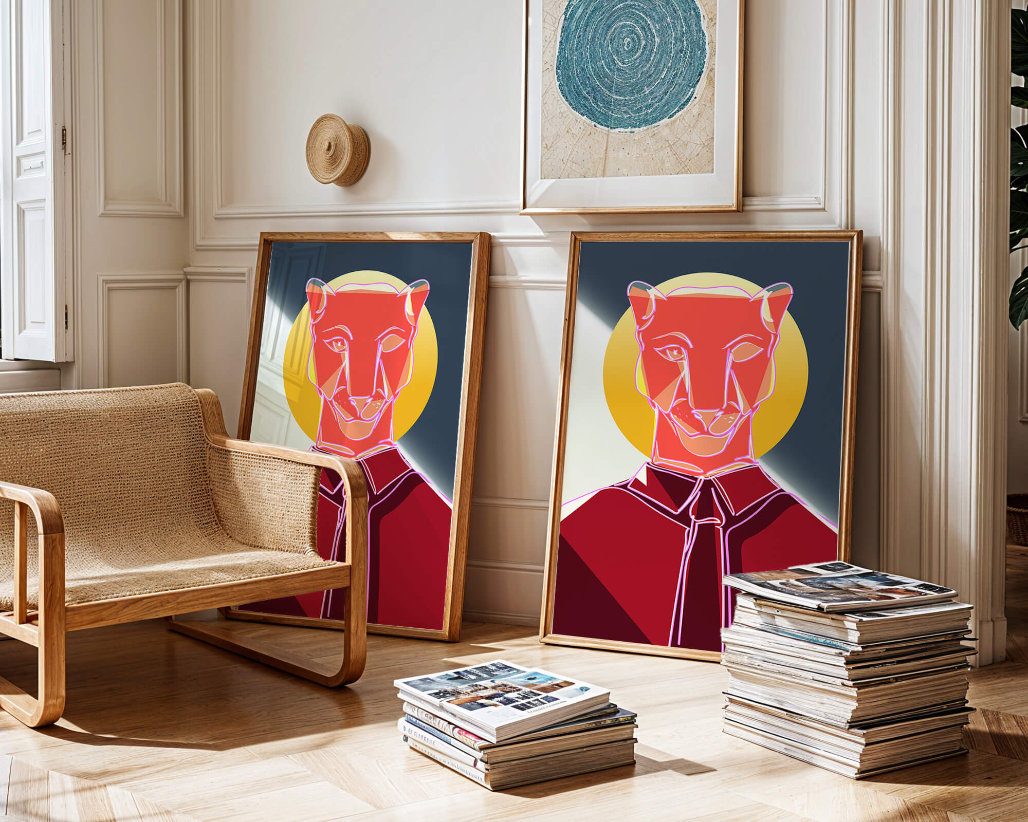Colorful Geometric Panther Art with Golden Circle