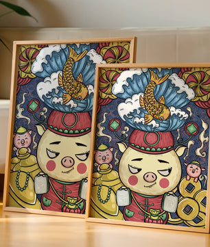 Colorful illustration featuring a whimsical pig and koi fish with decorative elements