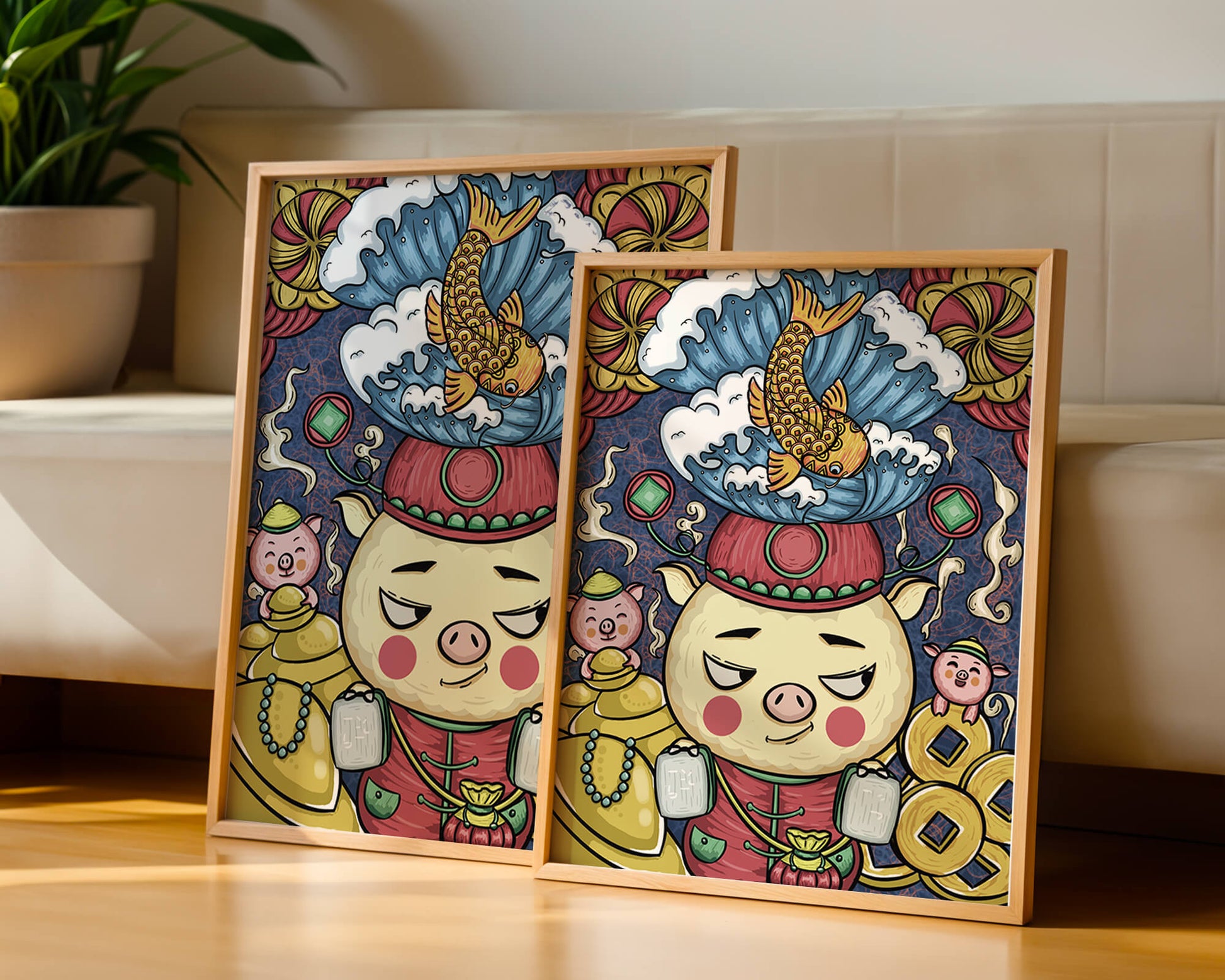 Colorful illustration featuring a whimsical pig and koi fish with decorative elements