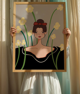 Ilustración de una mujer con fondo floral y lazo rojo