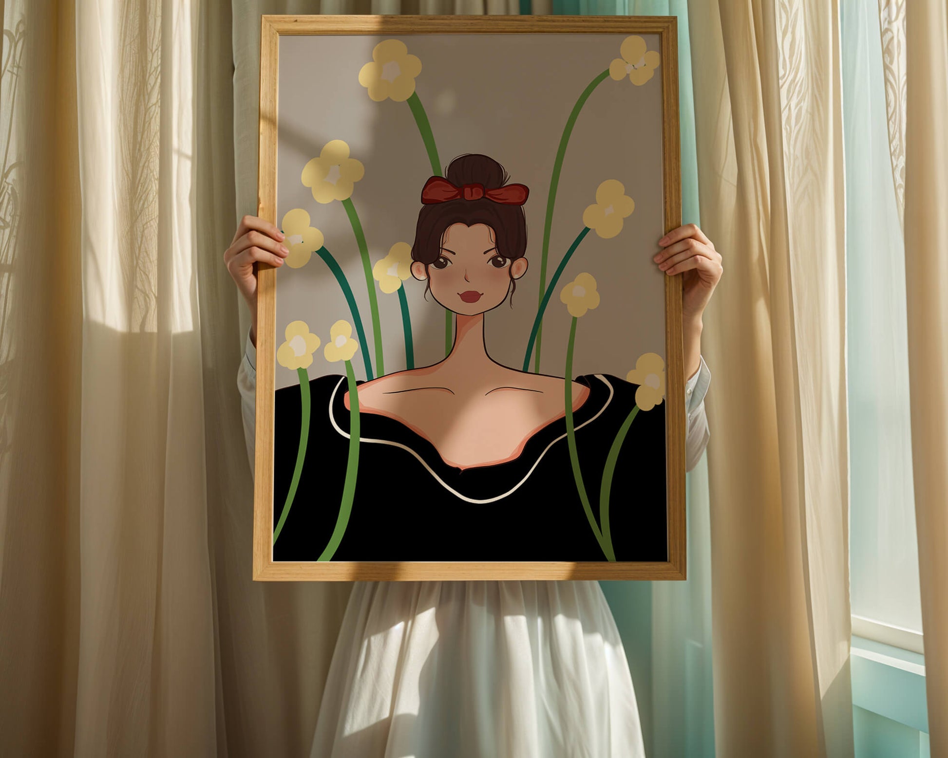 Illustration of a woman with floral background and red bow