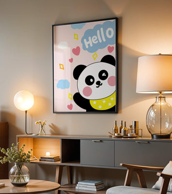 Panda illustration with playful elements and pastel colors
