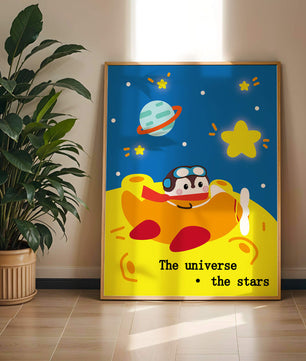 Colorful cartoon airplane with stars and planets in space