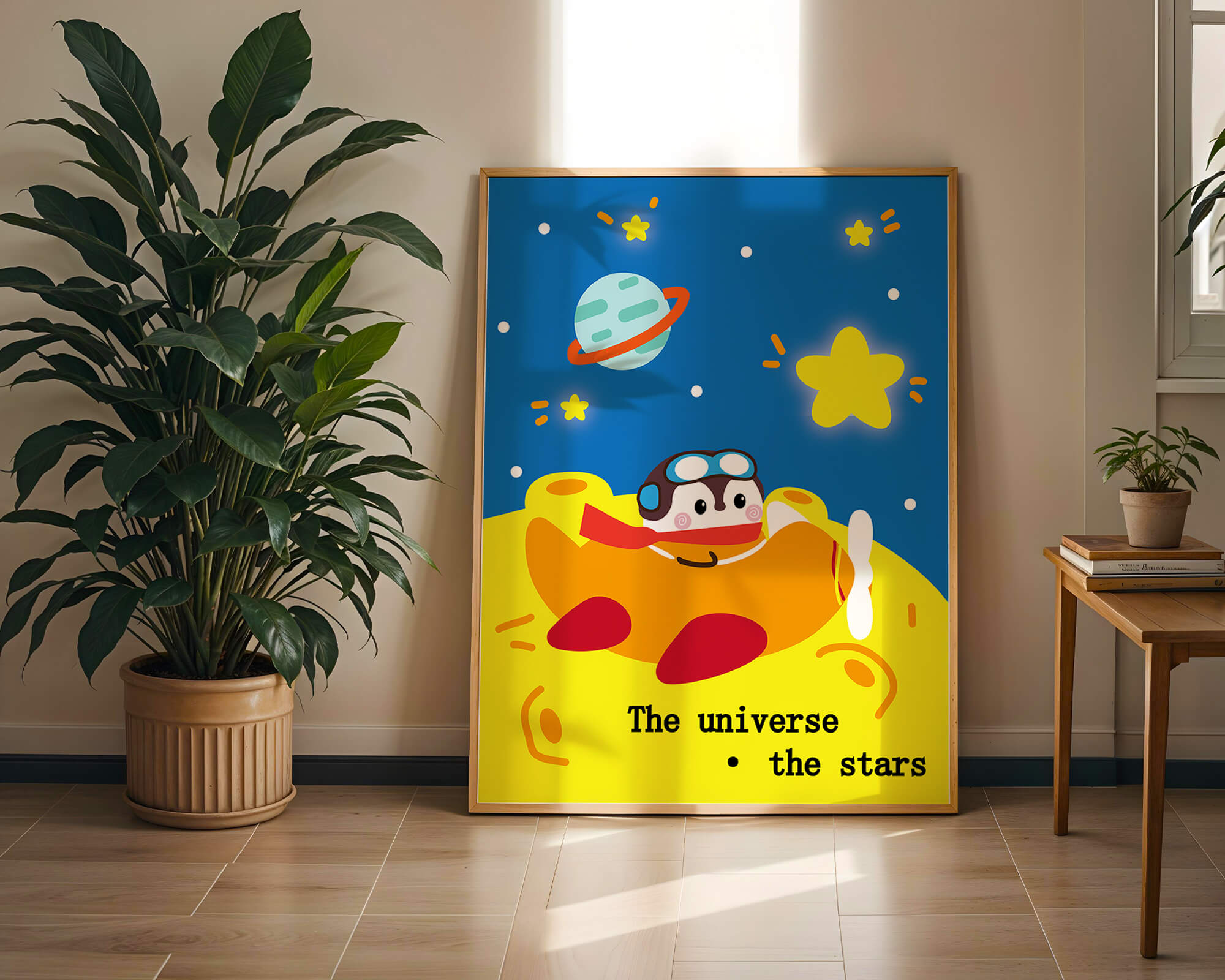 Colorful cartoon airplane with stars and planets in space