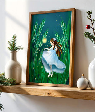 Enchanting fairy in magical wheat field at night