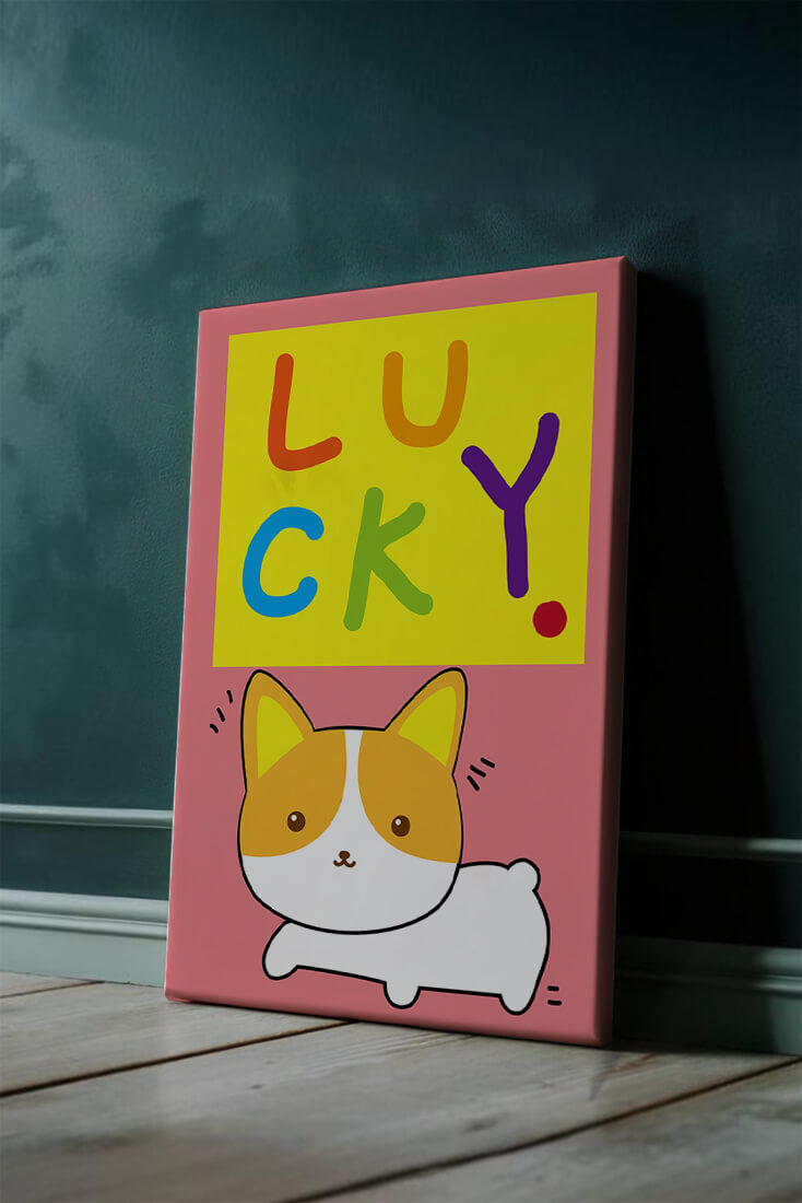 Colorful lucky corgi illustration with bold letters