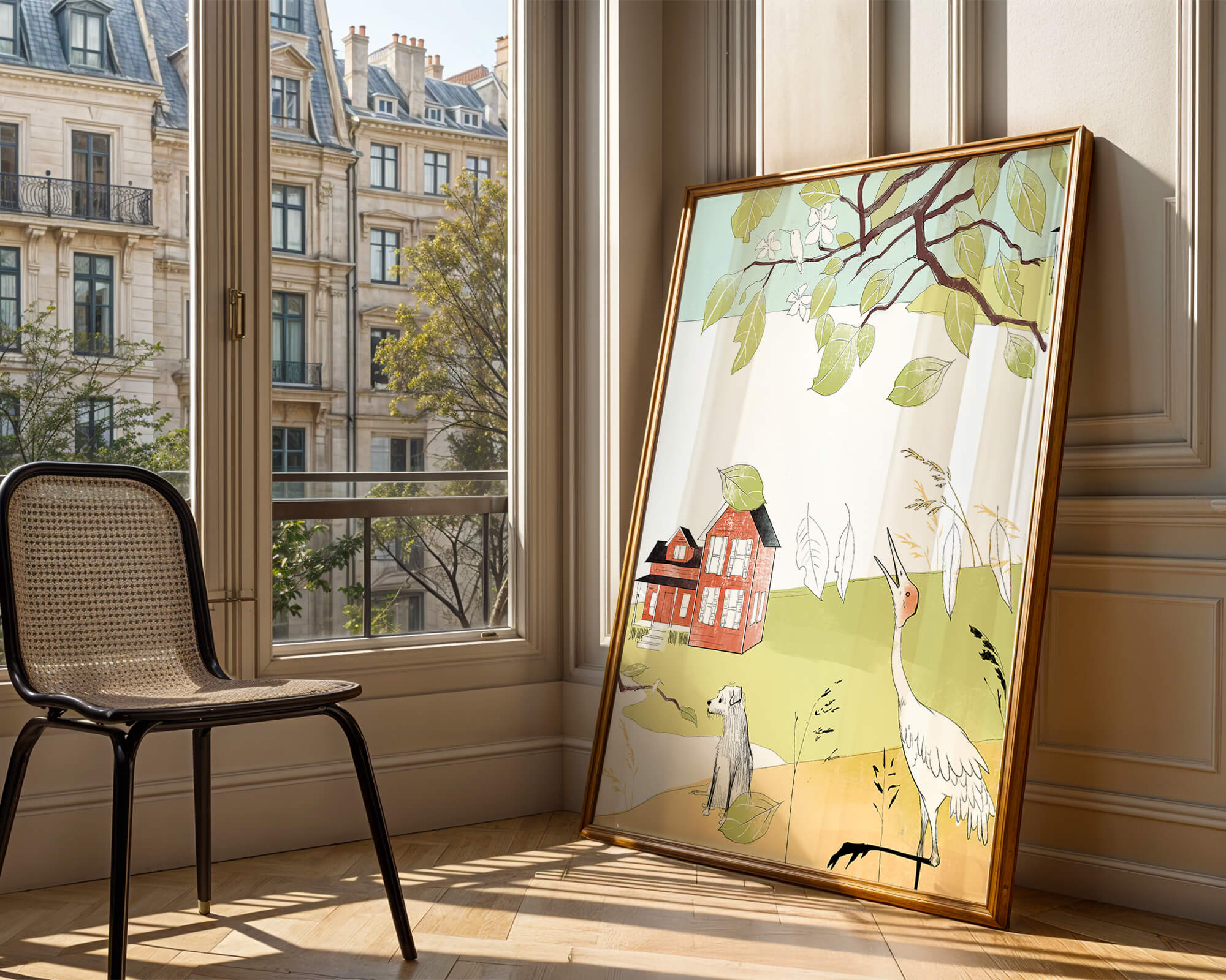 Tranquil rural landscape illustration with house, dog, and crane