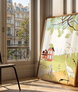 Tranquil rural landscape illustration with house, dog, and crane