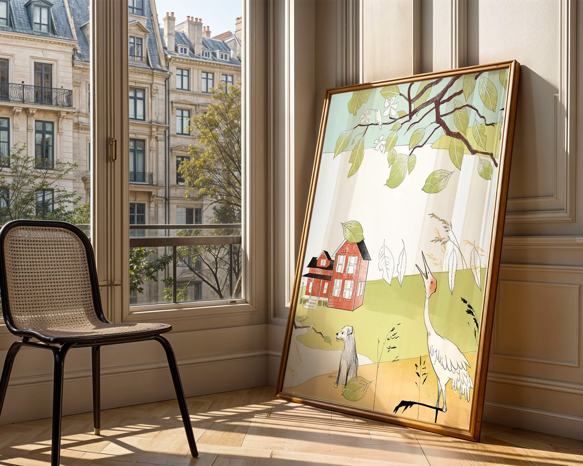 Tranquil rural landscape illustration with house, dog, and crane