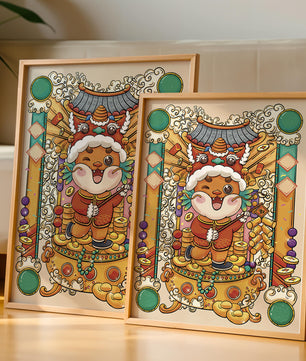 Bunte Illustration eines niedlichen Tieres in traditioneller Festtagskleidung mit goldenen Elementen