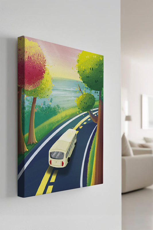 Scenic Road Trip with Vibrant Trees and Sunset