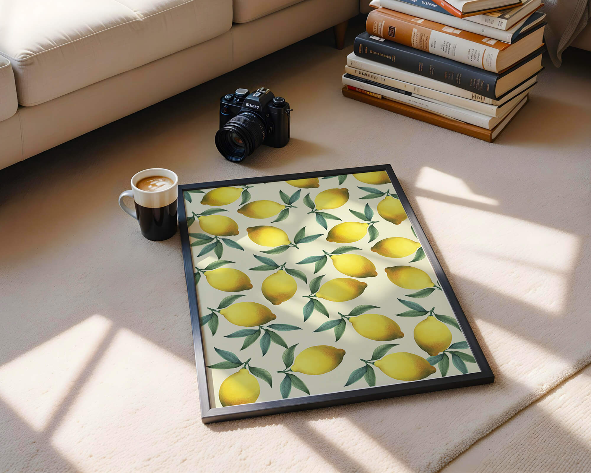 Vibrant lemon pattern with green leaves on a light background