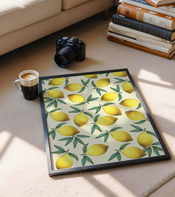 Vibrant lemon pattern with green leaves on a light background