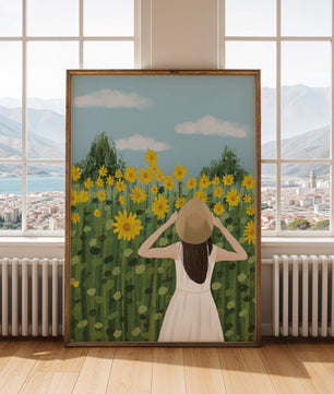 Mujer con vestido blanco admirando un campo de girasoles