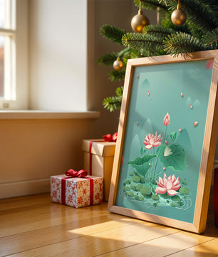 Illustration sereine de fleurs de lotus dans un étang paisible avec des montagnes