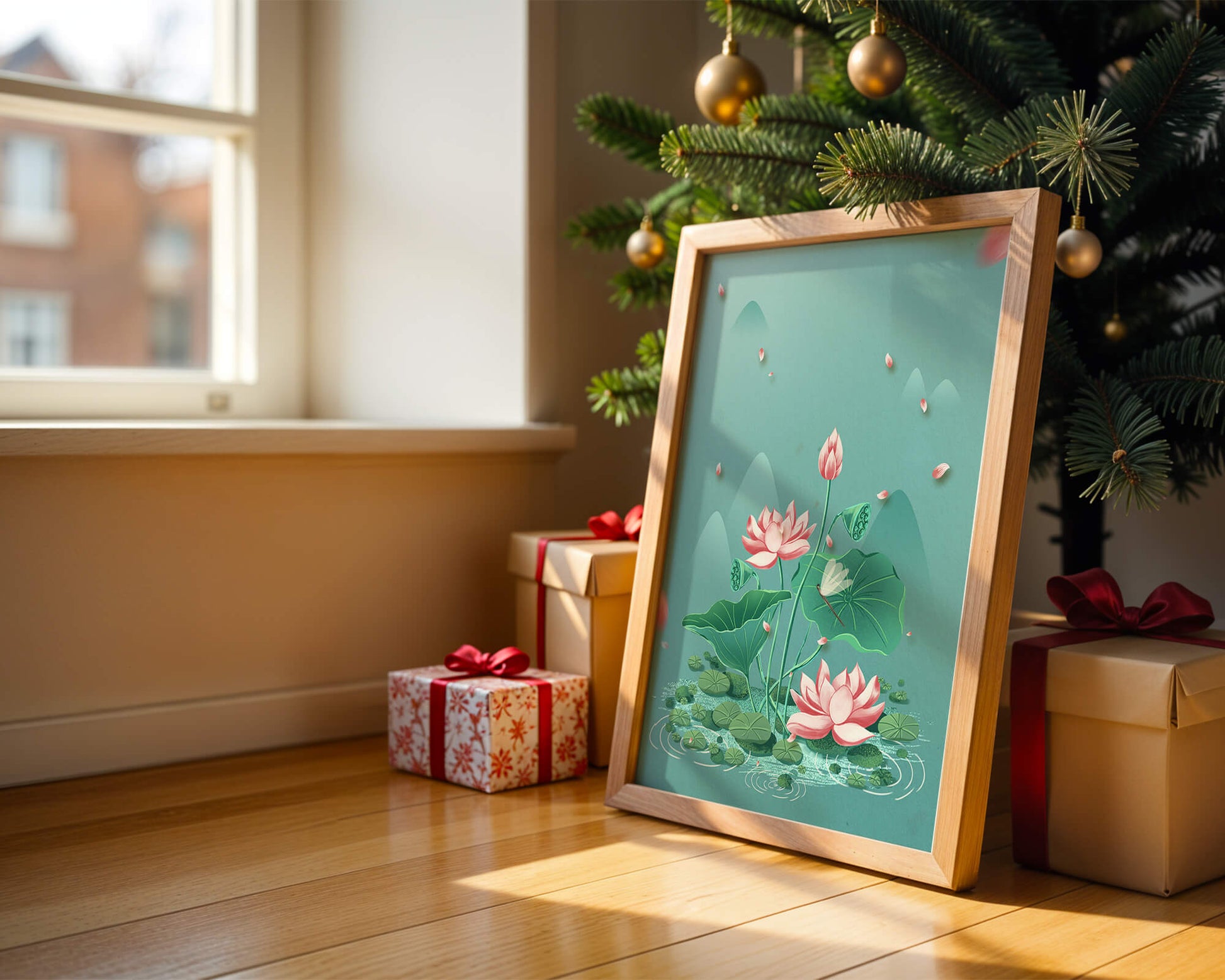 Serene illustration of lotus flowers in a tranquil pond setting with mountains