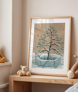 Paisaje invernal con ilustración de árbol bonsái cubierto de nieve