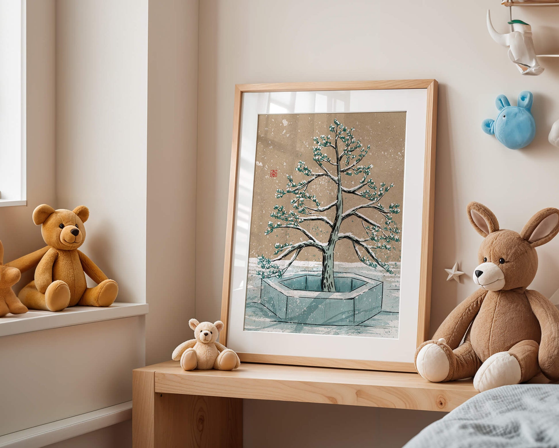 Paisaje invernal con ilustración de árbol bonsái cubierto de nieve
