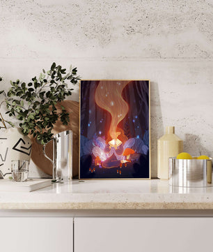 Magical forest scene with lantern and glowing hair