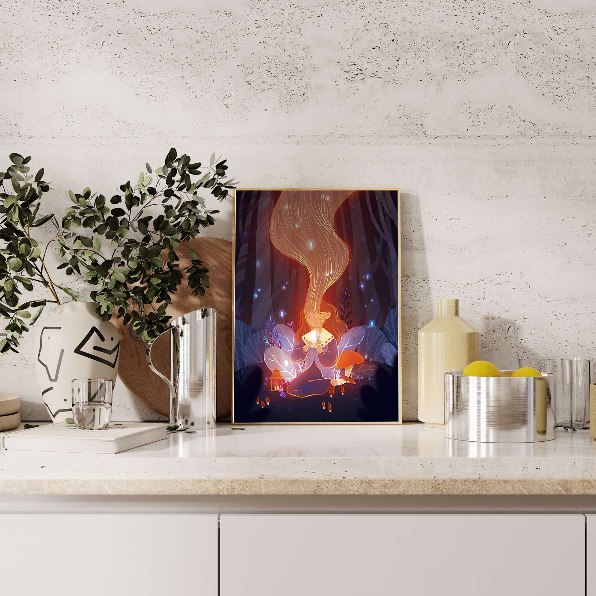 Magical forest scene with lantern and glowing hair