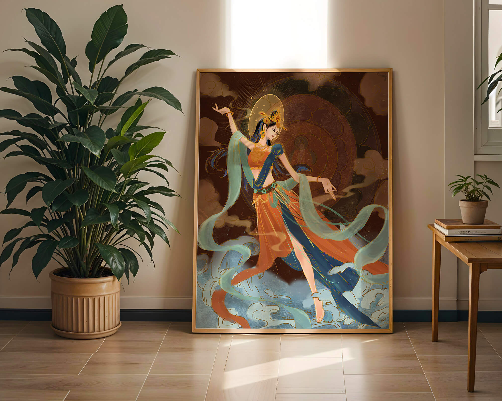 Elegant depiction of an ethereal dancer in vibrant traditional attire