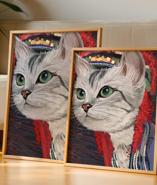 Illustrated cat portrait with colorful accents