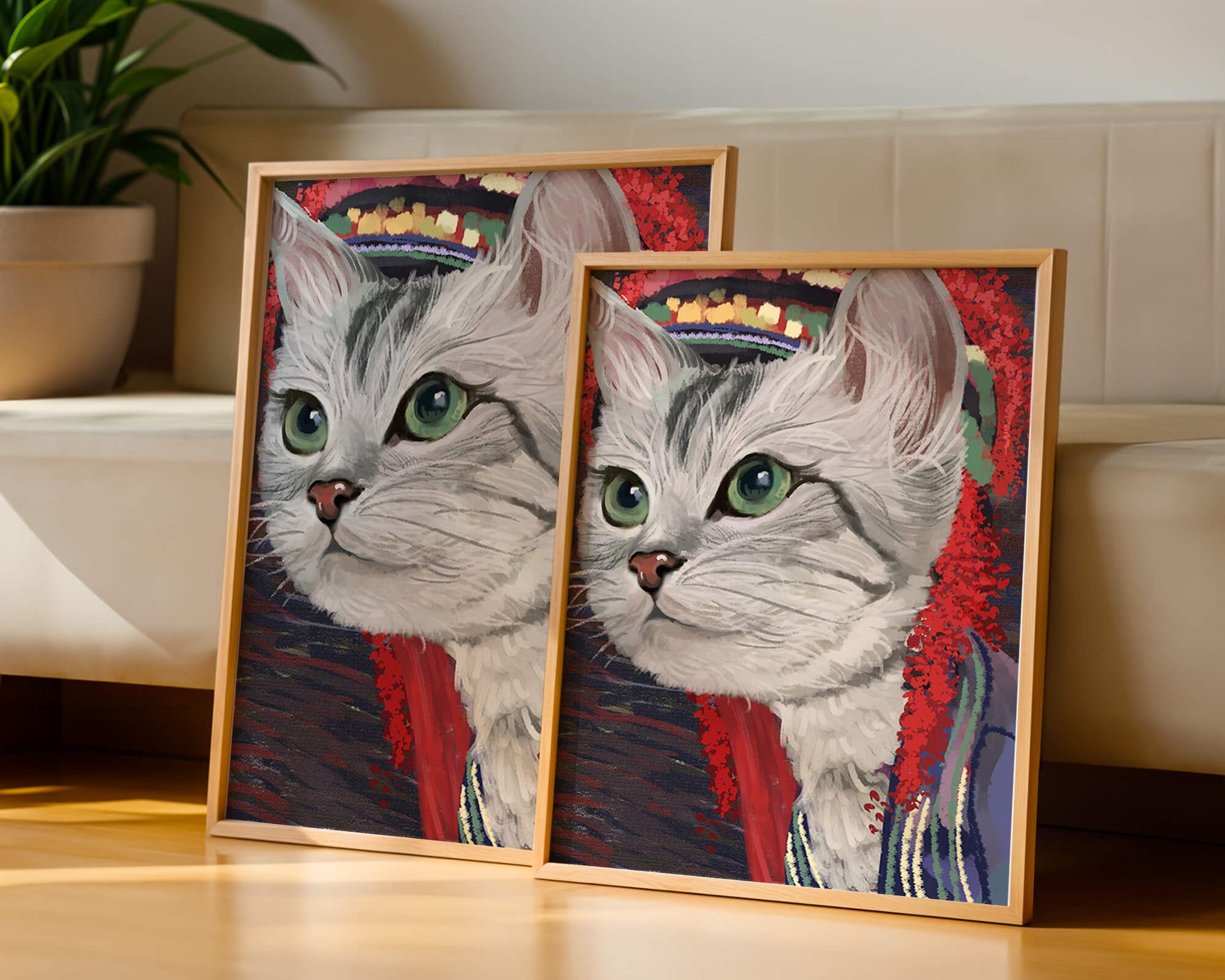 Illustrated cat portrait with colorful accents