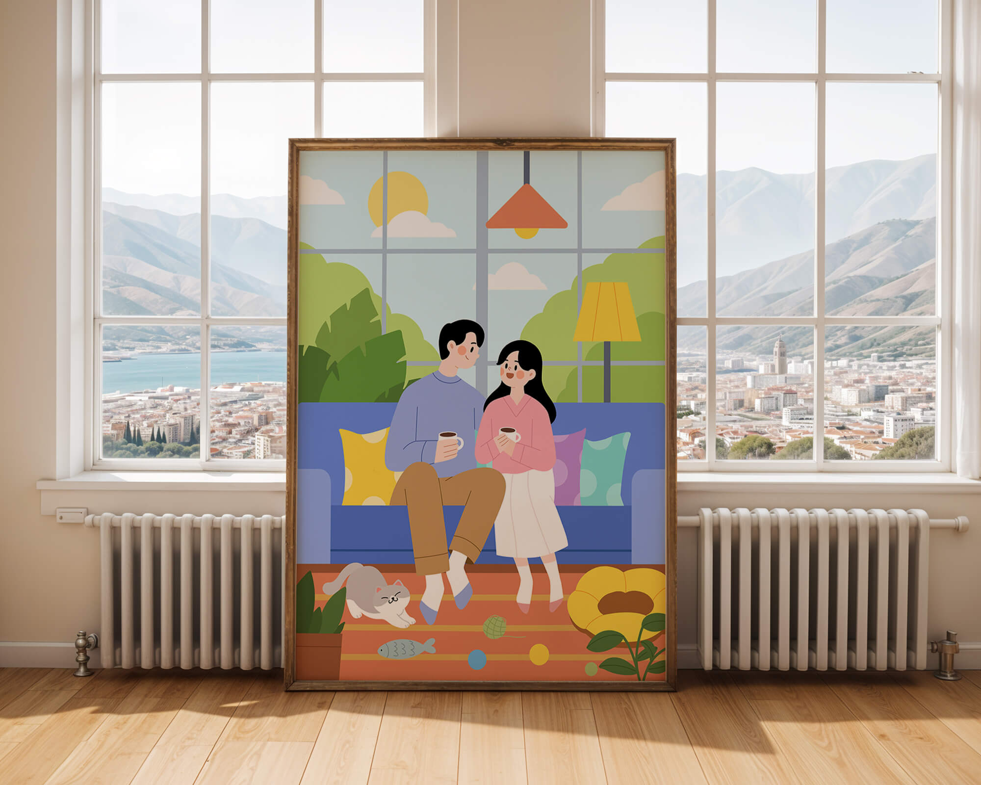 Cozy living room scene with couple and playful cat