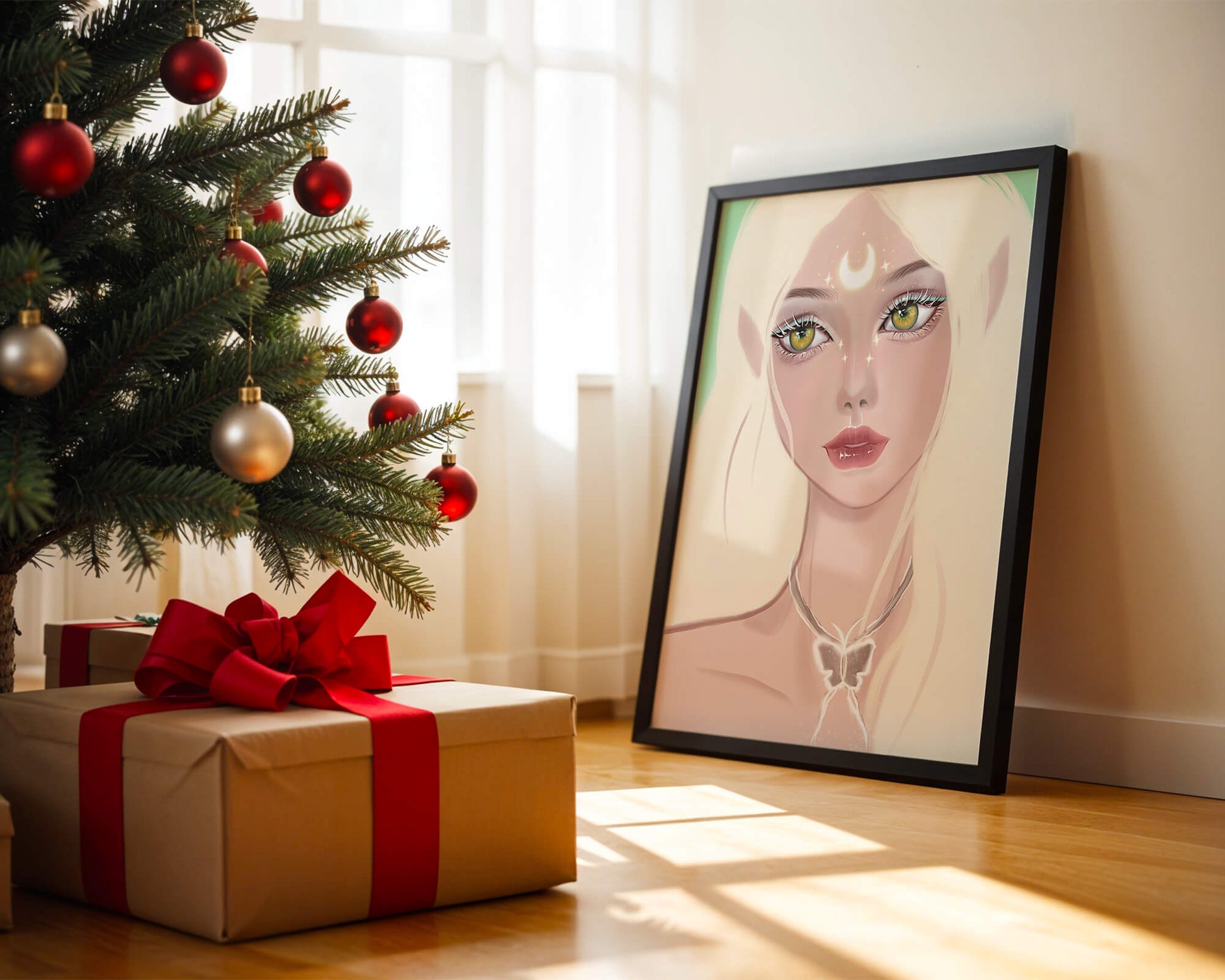 Enchanted portrait of ethereal elf girl with glowing elements