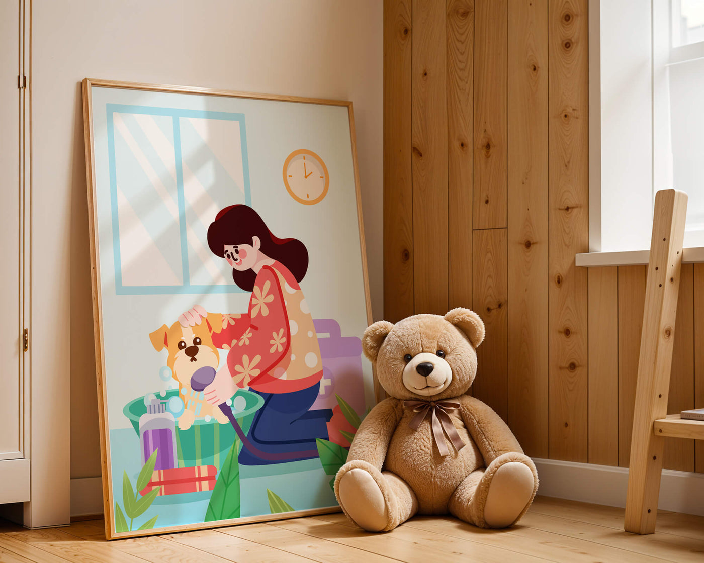 Woman giving a bath to a dog in a colorful bathroom setting