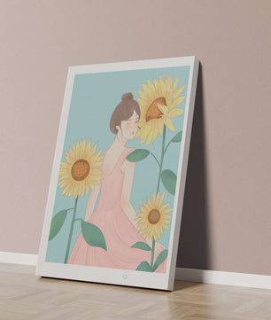 Ilustración de una mujer en un vestido rosa con girasoles