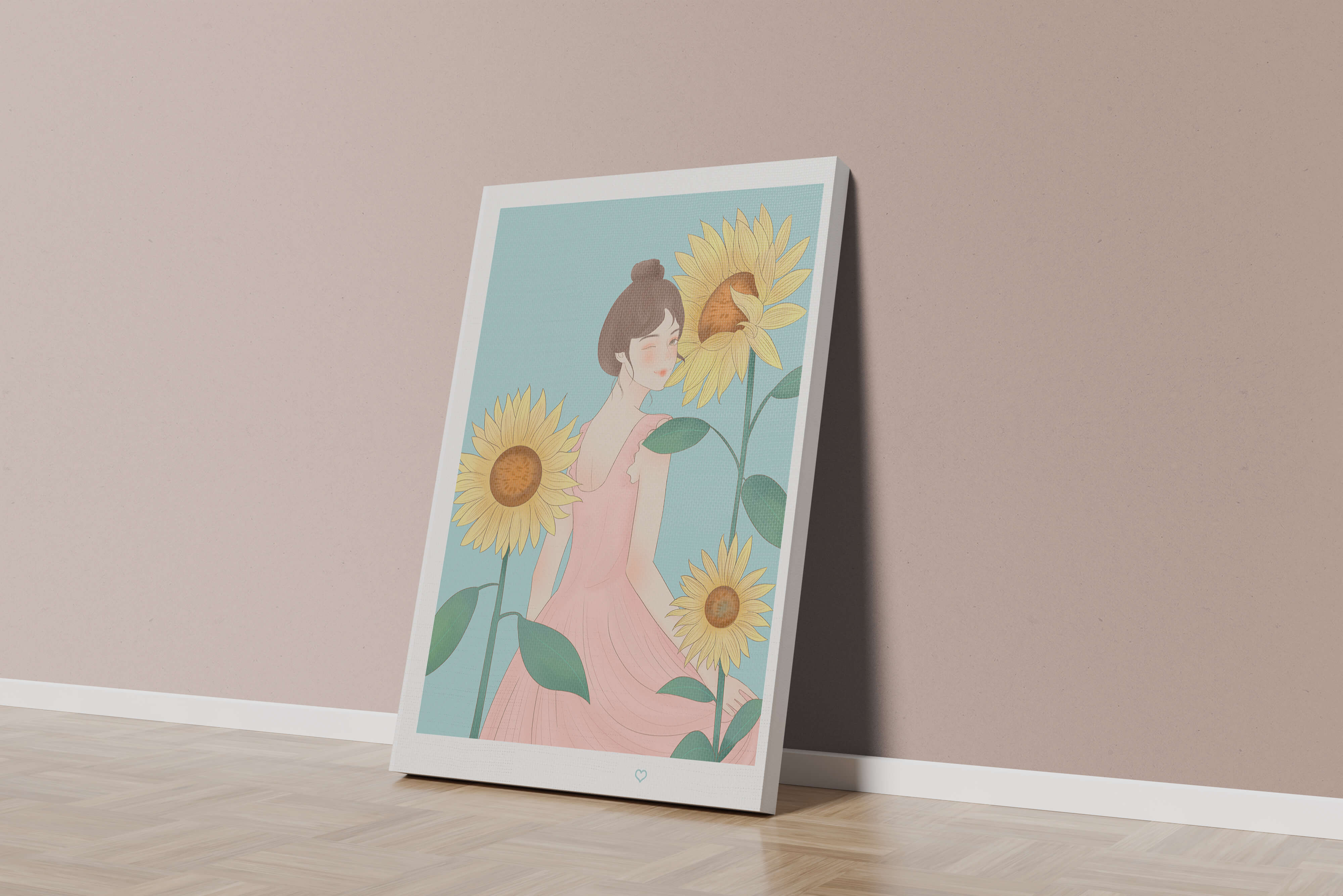 Illustration of a woman in a pink dress with sunflowers