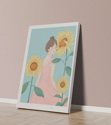 Illustration of a woman in a pink dress with sunflowers