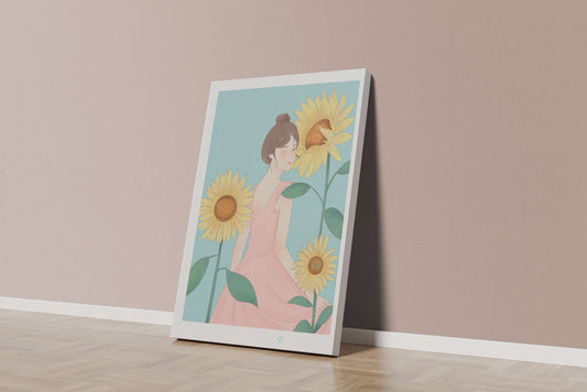 Illustration of a woman in a pink dress with sunflowers