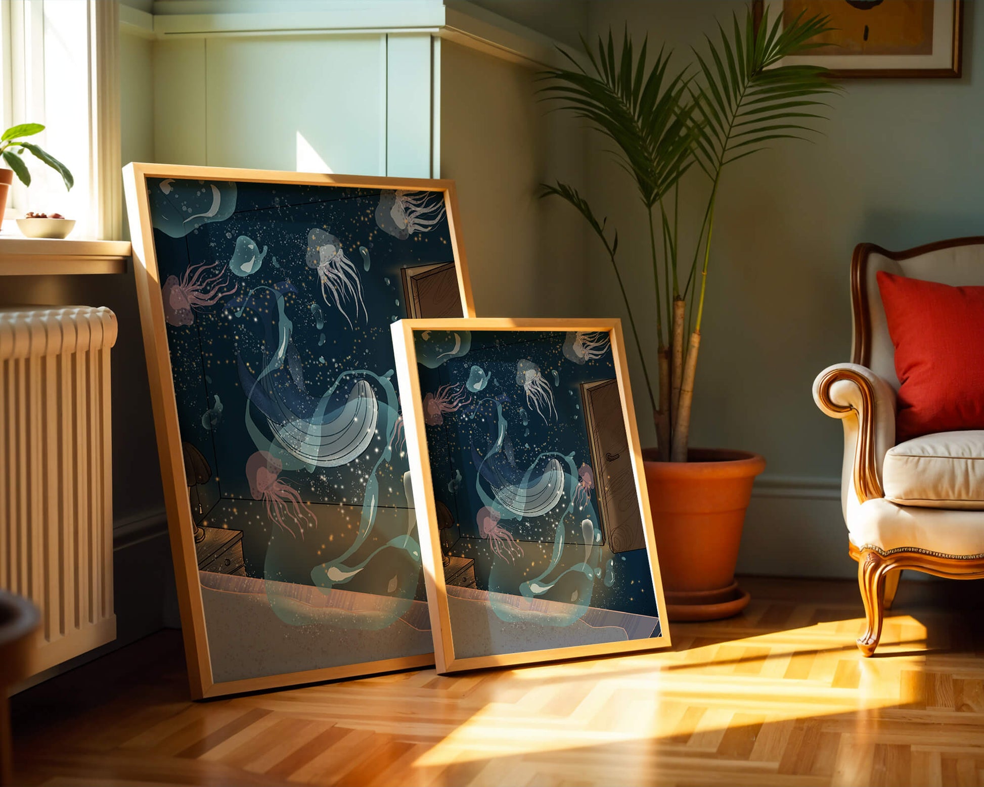 Underwater-themed room with jellyfish and a door