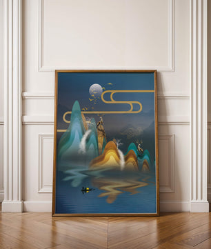 Paisaje abstracto con ciervo dorado y montañas en capas en una serena escena nocturna
