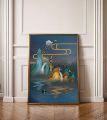 Abstract landscape with golden deer and layered mountains in serene night scene