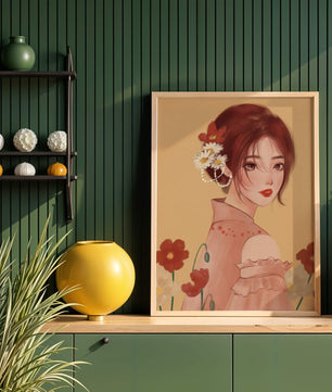 Portrait élégant d'une femme avec des ornements floraux et une expression douce