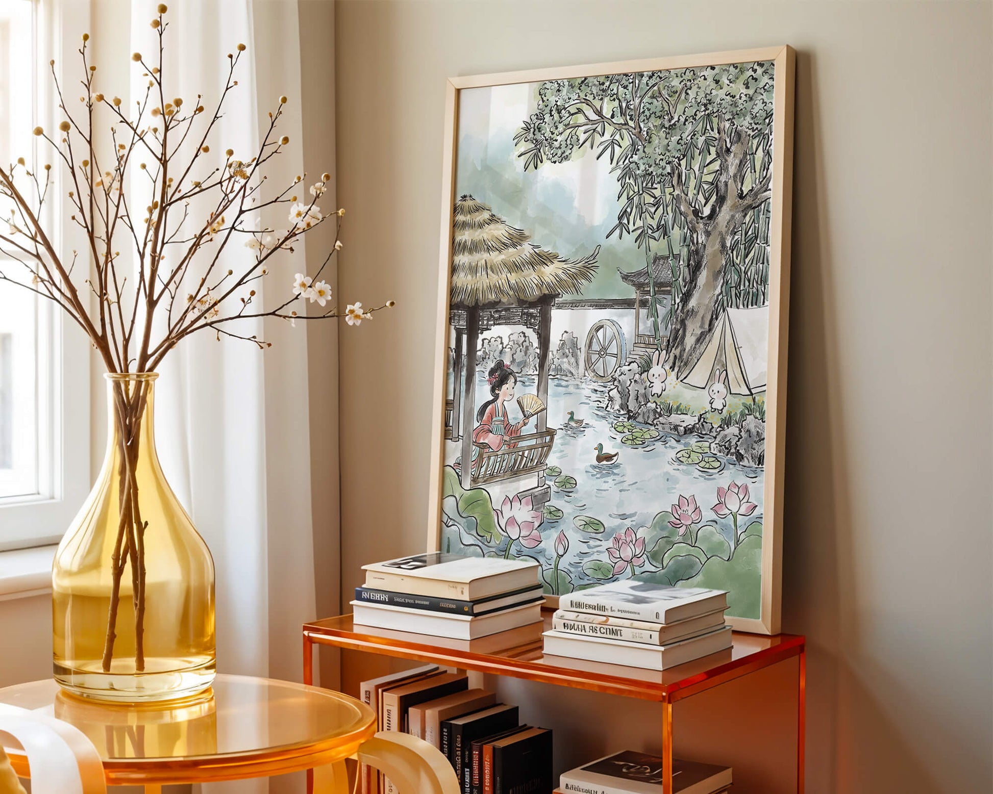 Escena tranquila de jardín con mujer, patos y conejos en un entorno tradicional