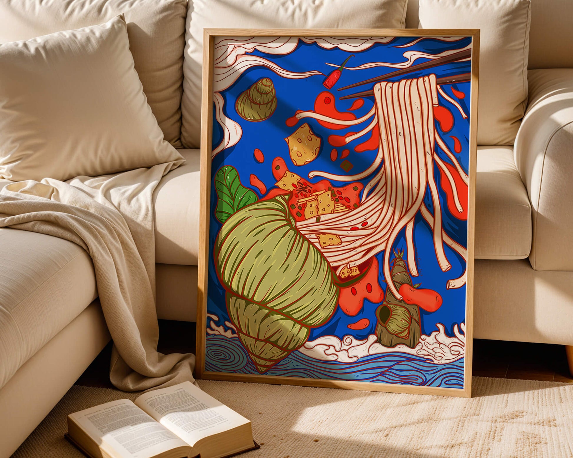 Ilustración intrincada de fideos con colores vibrantes y elementos detallados